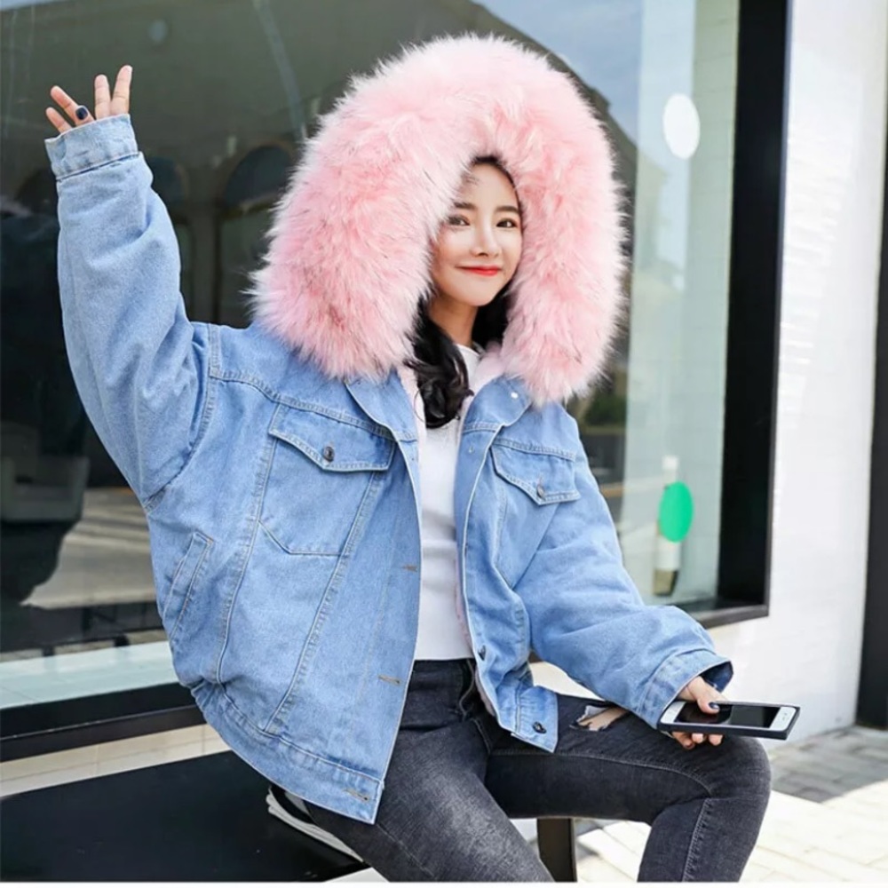 ✨MORE SIZES✨ Pink Faux Fur Trimmed Jean Jacket - Picture 1 of 14